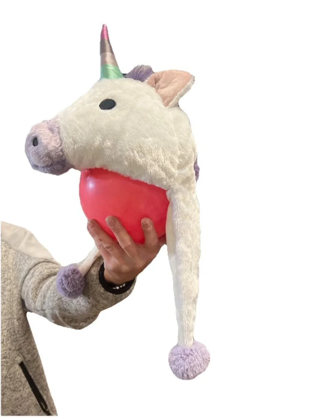 Plush Unicorn Hat with pom-pom ear flaps, whimsical, fun, playful